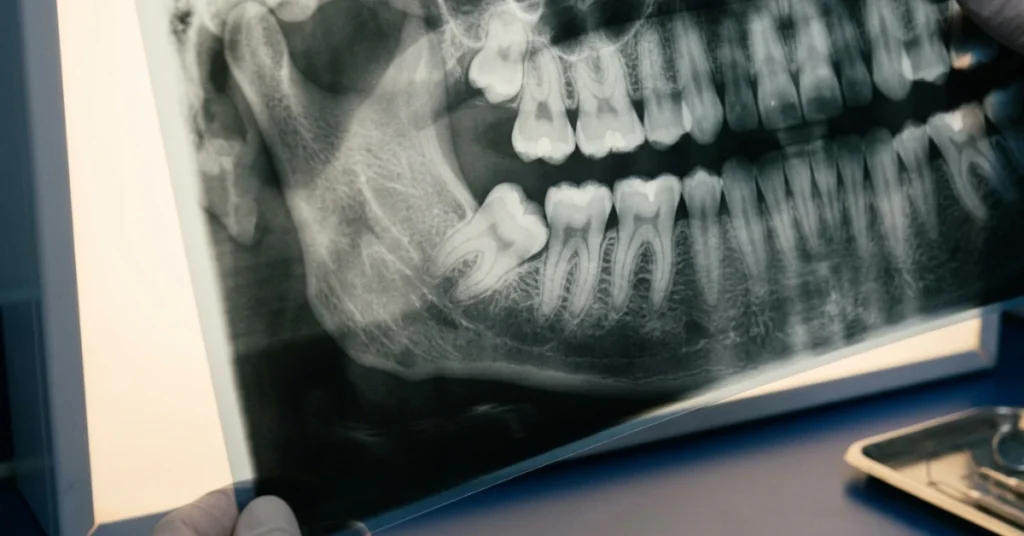 Panoramic dental X-ray showing an impacted lower wisdom tooth growing sideways into the second molar