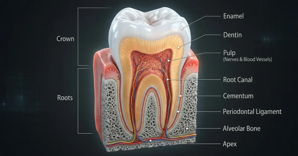 Cross section diagram of a human molar showing internal tooth anatomy enamel dentin pulp and root structure
