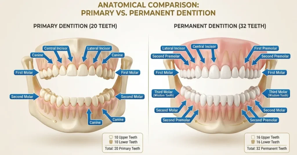 Side by side comparison diagram of 20 primary baby teeth versus 32 permanent adult teeth