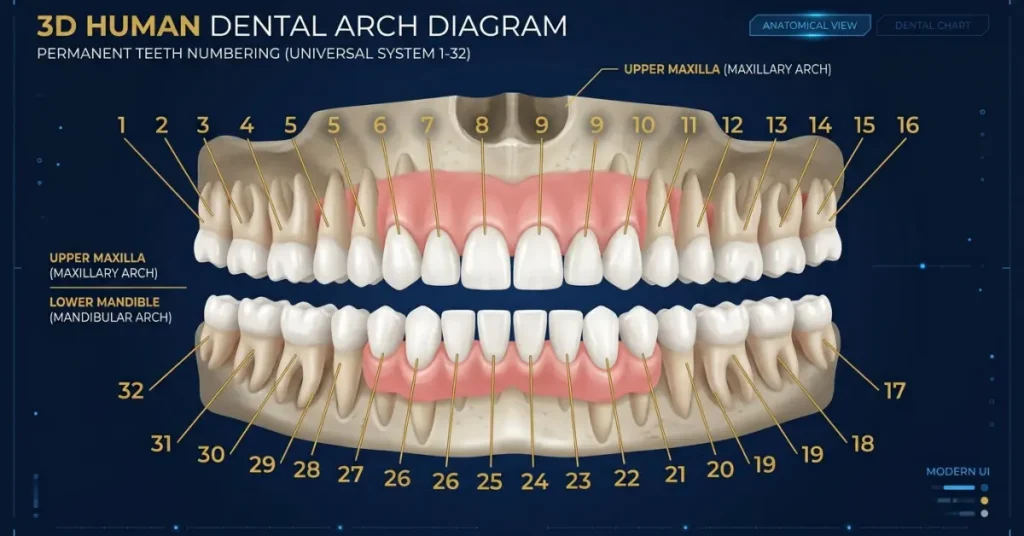 Dental arch chart illustrating the Universal Numbering System with adult teeth numbered 1 to 32