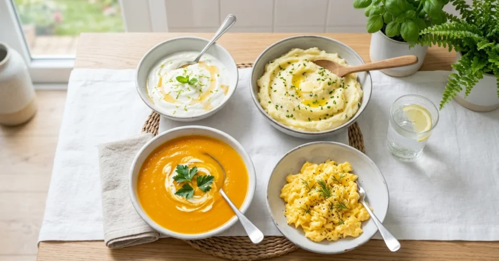 Selection of soft foods for wisdom teeth removal recovery including yogurt, soup, and mashed potatoes