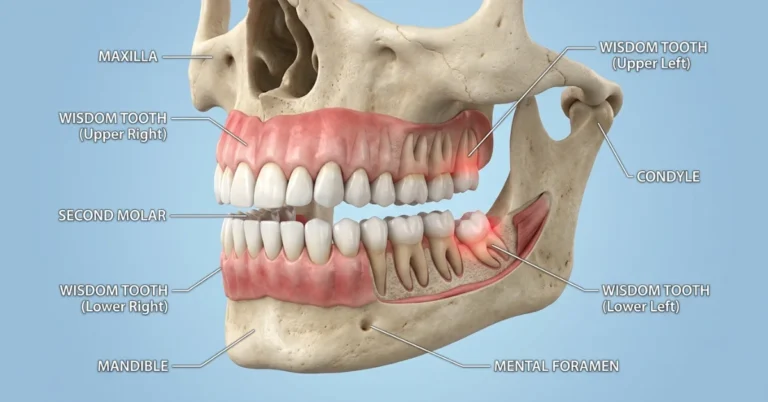 3D medical illustration of adult jaw highlighting top and bottom wisdom teeth