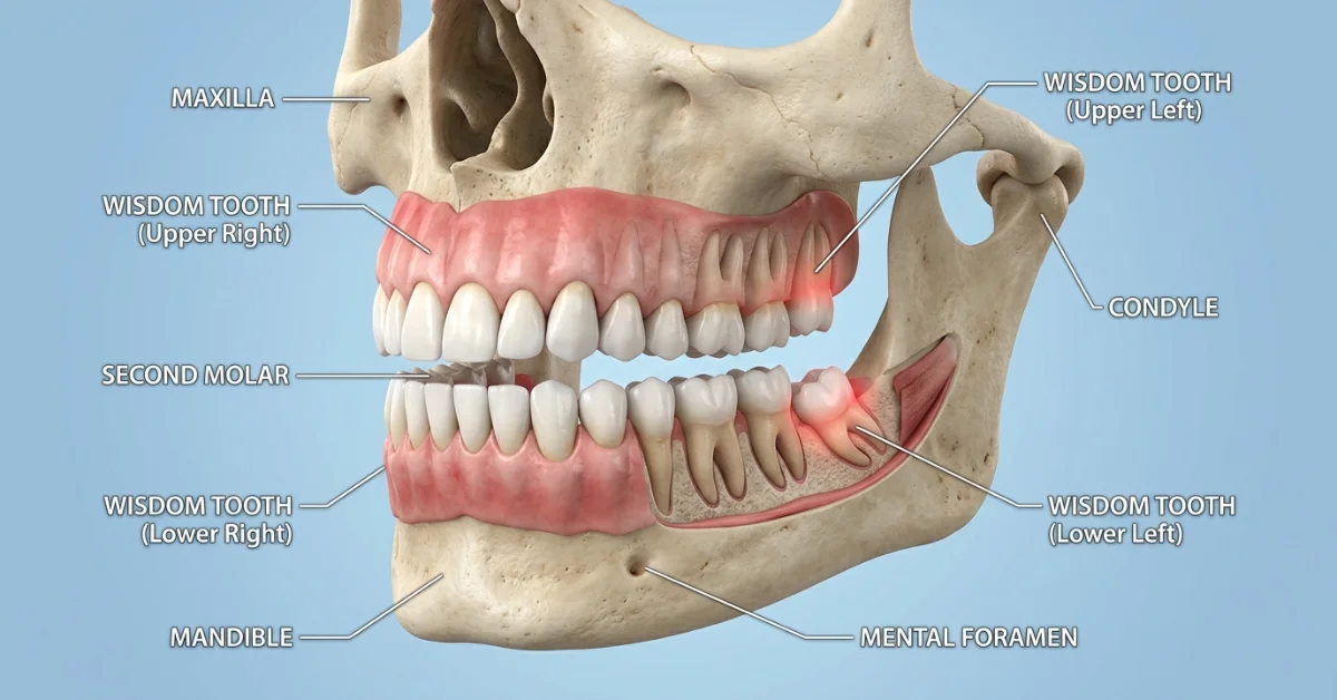 3D medical illustration of adult jaw highlighting top and bottom wisdom teeth