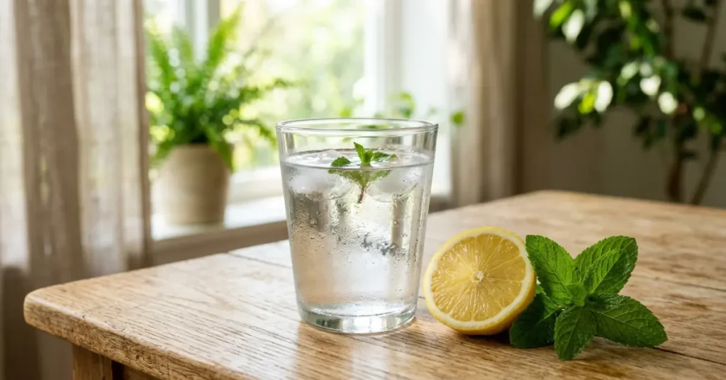 A cold glass of water garnished with fresh mint leaves next to a half lemon to help eliminate a bad taste in the mouth after surgery.