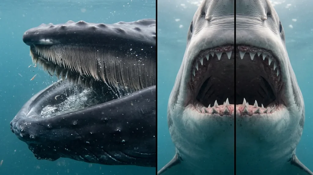 Comparison of a toothless baleen whale and a shark's toothed jaw underwater