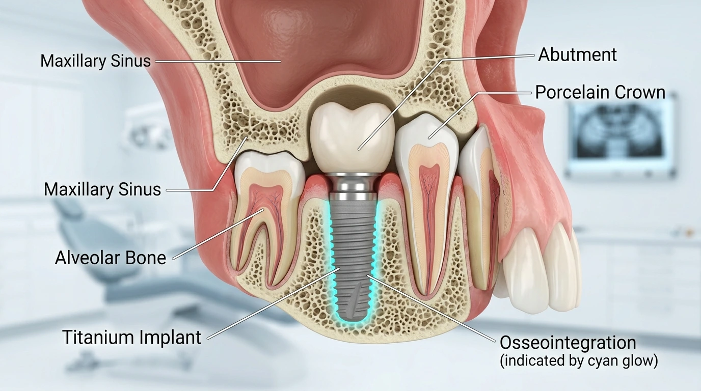 Cross-section of jaw showing a dental implant with labeled parts: titanium implant, abutment, porcelain crown, maxillary sinus, alveolar bone, and osseointegration area.