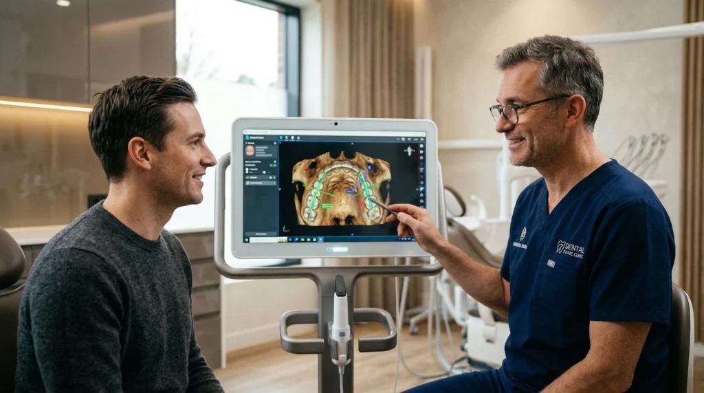 Dentist pointing at a 3D digital tooth chart scan on a monitor while consulting with a patient.