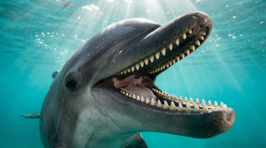 Bottlenose dolphin's open mouth showing rows of small conical grasping teeth