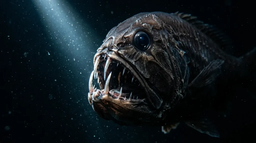 Deep-sea fangtooth fish showing its oversized curved fangs in dark water