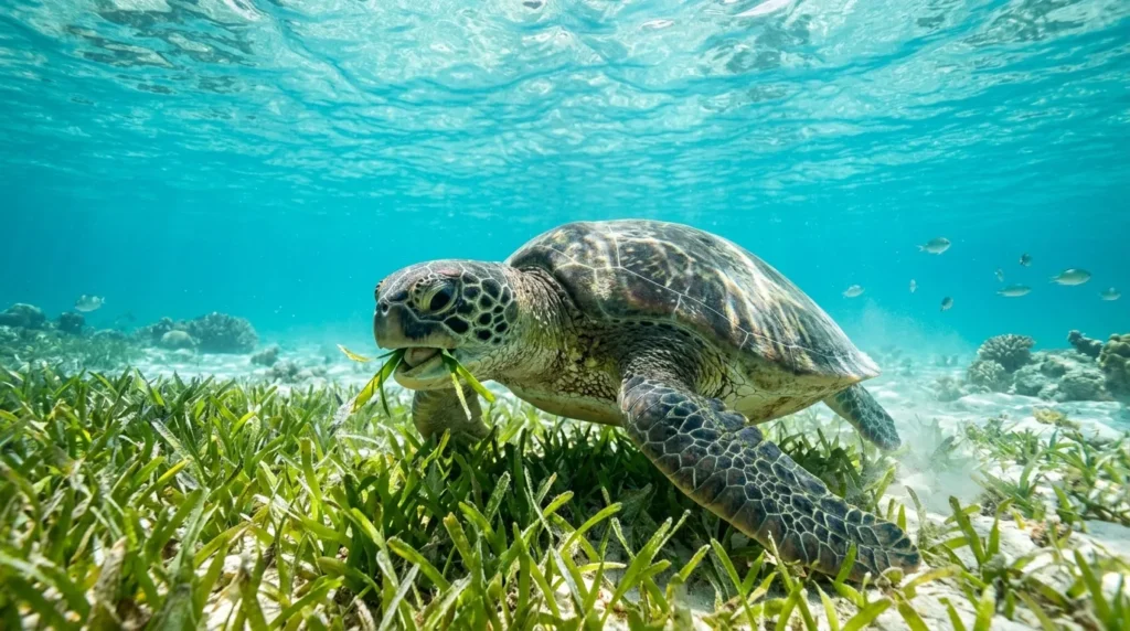 Green sea turtle grazing on seagrass with its toothless beak-like mouth