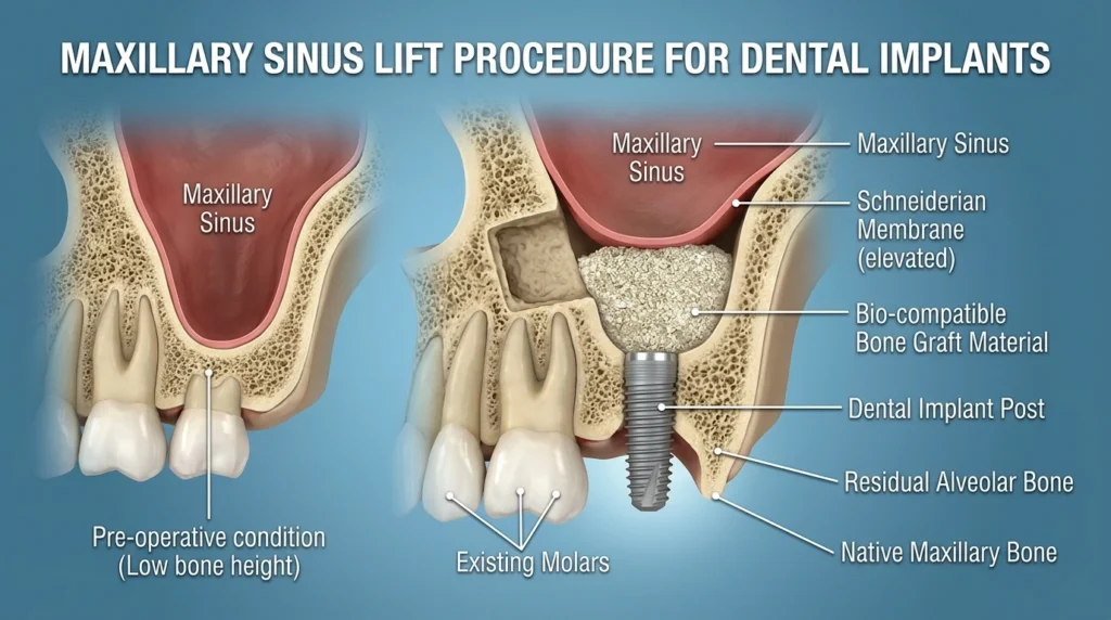 Medical diagram showing a maxillary sinus lift procedure with bone graft material and dental implant placement.