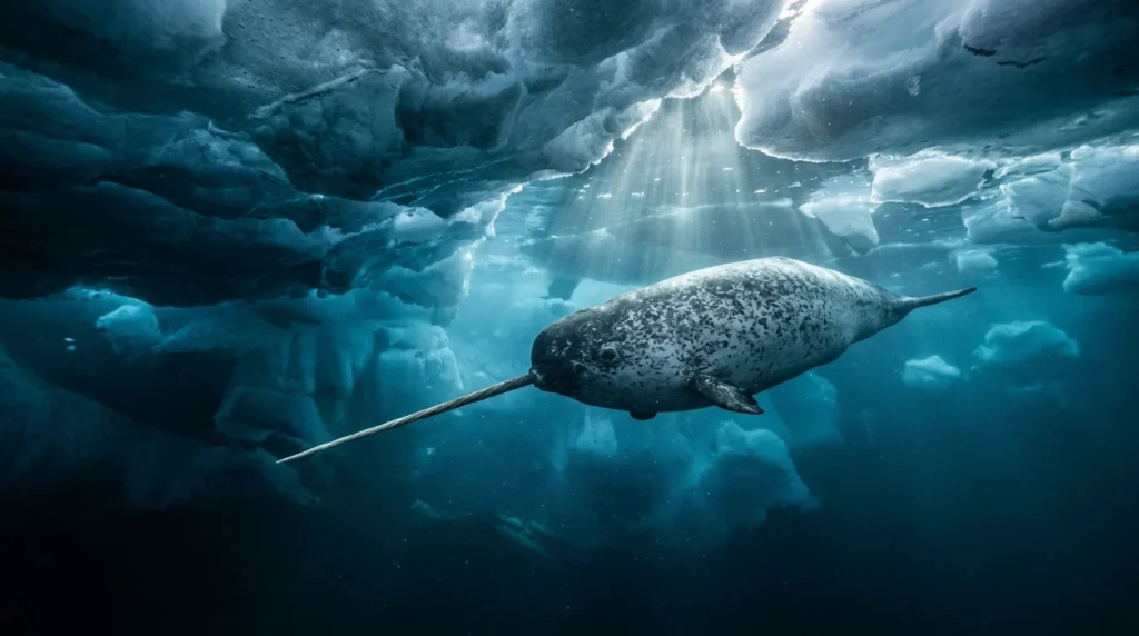 Narwhal swimming through Arctic water with its long spiral tusk extended