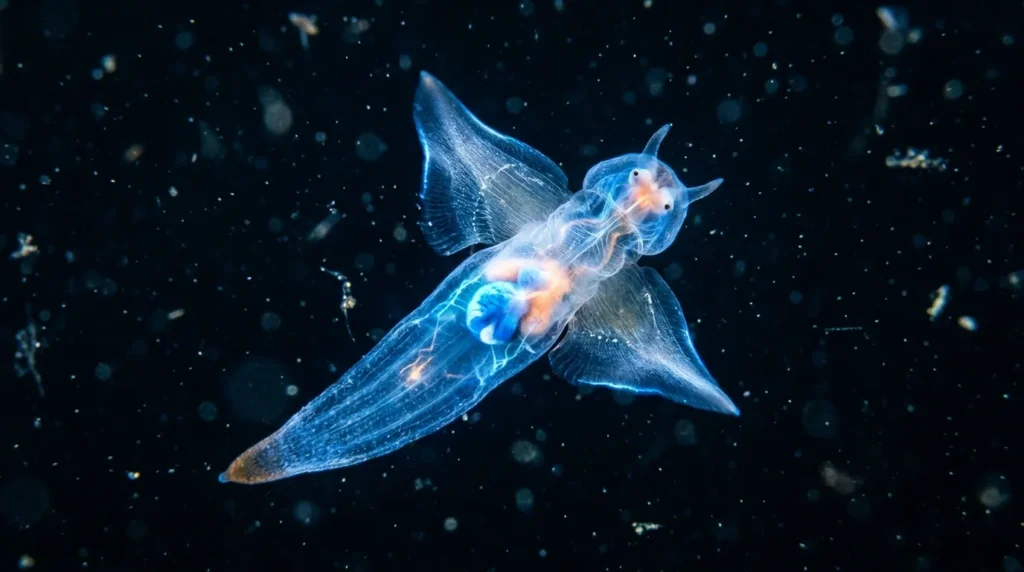 Translucent sea angel mollusk showing hook-shaped radula teeth underwater