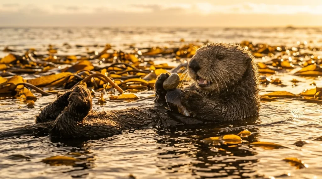 Sea otter floating on its back cracking open shellfish with flat crushing teeth