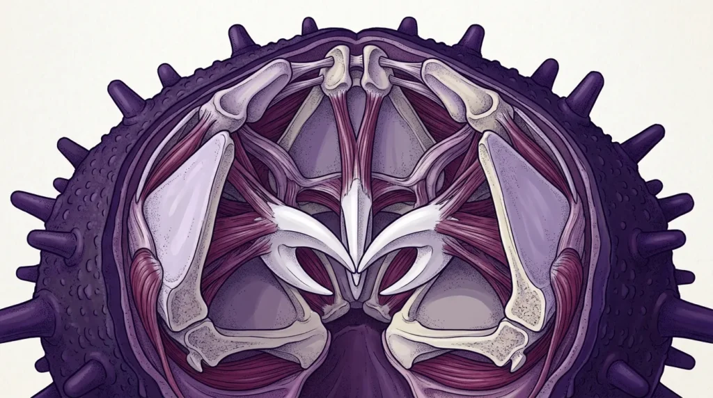 Illustration of a purple sea urchin's five-toothed Aristotle's lantern structure