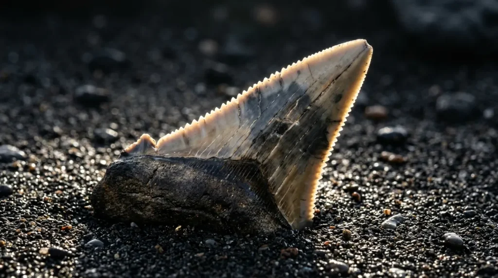 Close-up of a single serrated great white shark tooth on wet sand