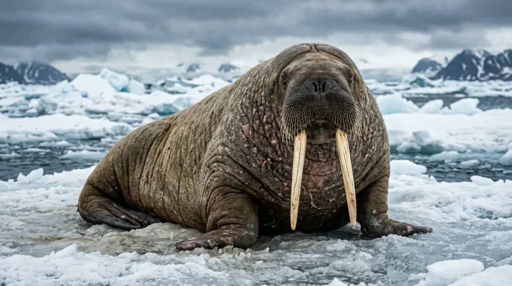 Walrus resting on ice with prominent white tusks catching sunlight