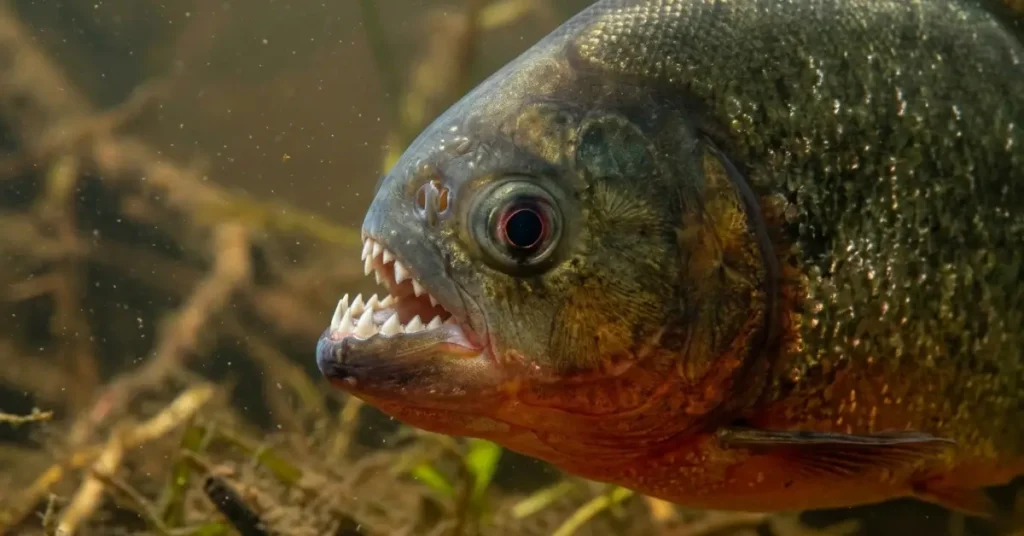 Close-up profile of a red-bellied piranha displaying its razor-thin, interlocking triangular teeth.