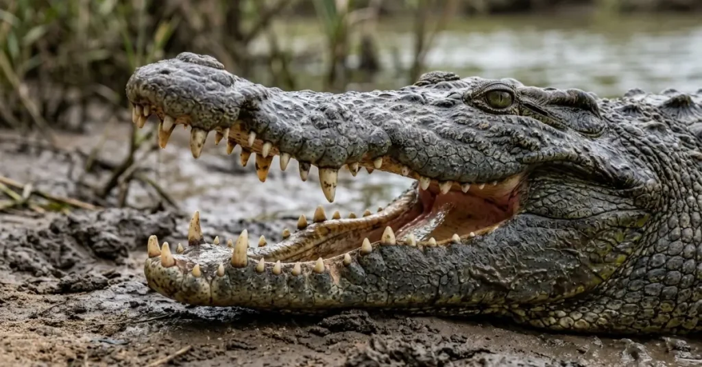 Saltwater crocodile resting on a riverbank with an open mouth showing conical gripping teeth.