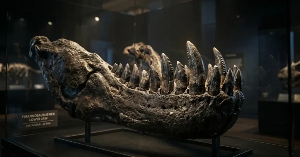 Fossilized T. rex jaw exhibit displaying thick, serrated banana-shaped crushing teeth.