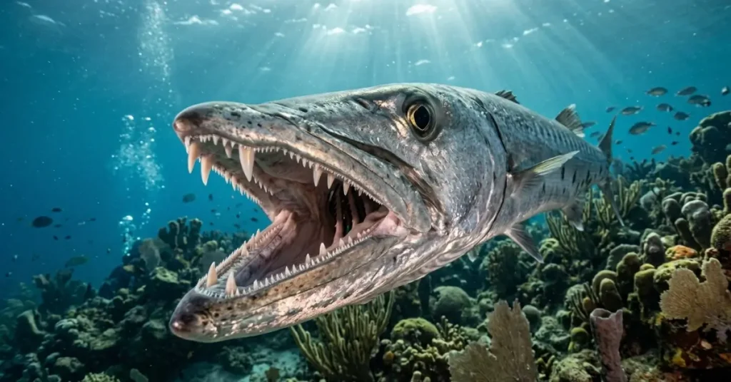 Underwater view of an open barracuda mouth showing shearing outer teeth and sharp inner fangs.