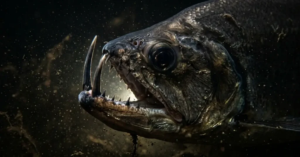 Close-up photograph of a payara vampire fish featuring long, needle-like lower jaw fangs.