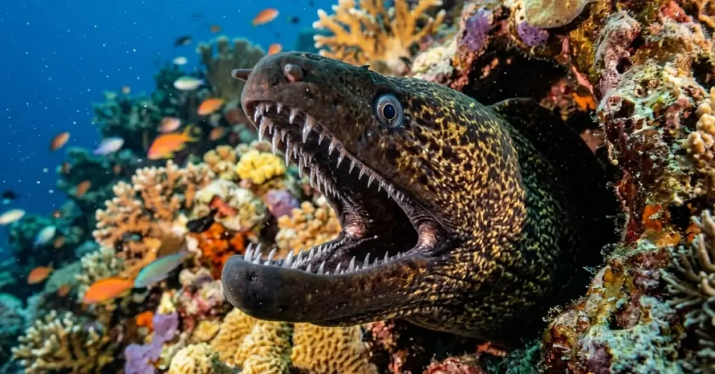 Moray eel in a coral reef with its jaws open, revealing curved, sharp needle-like teeth.