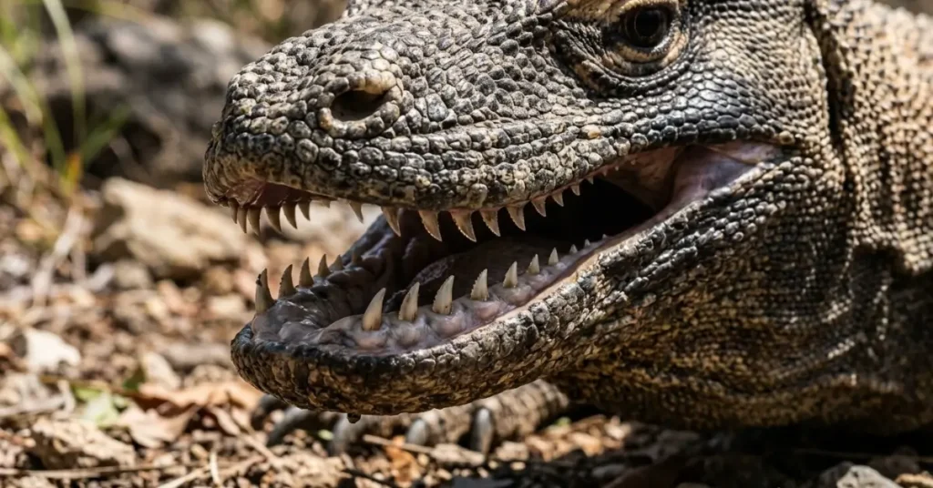 Macro view of a Komodo dragon's mouth displaying iron-reinforced serrated blade-like teeth.