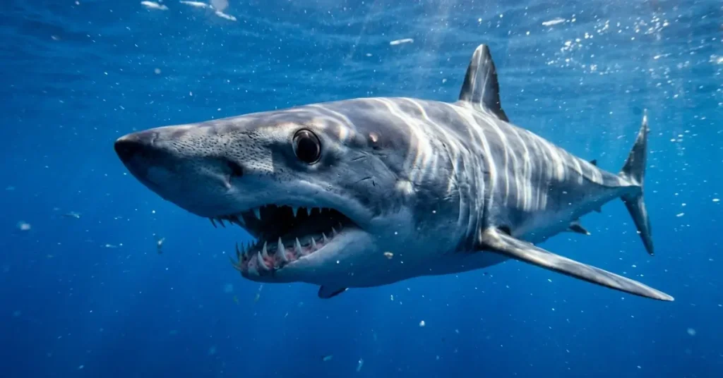 Shortfin mako shark swimming in open water with smooth-edged, needle-like piercing teeth visible.