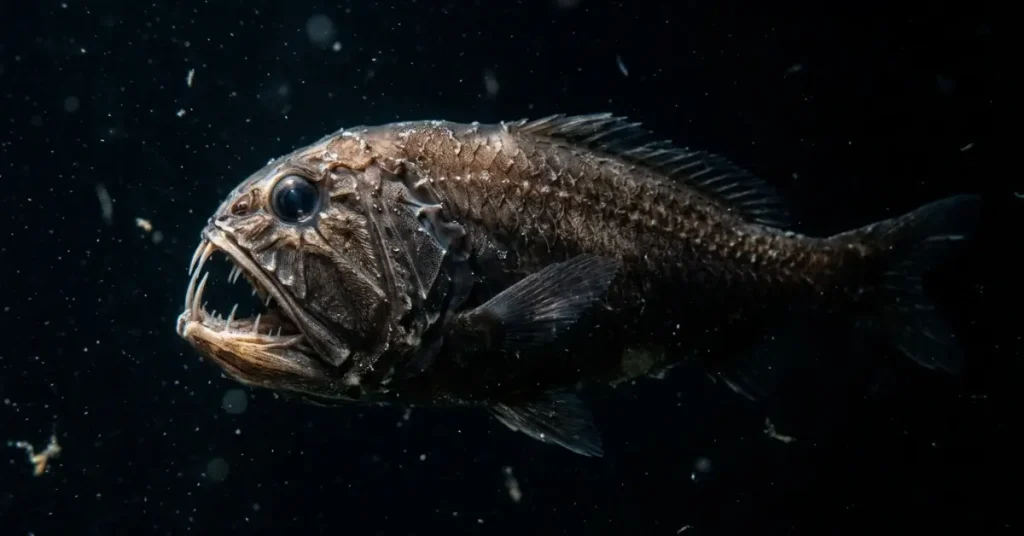 Deep-sea fangtooth fish in dark water displaying oversized lower fangs relative to its body size.
