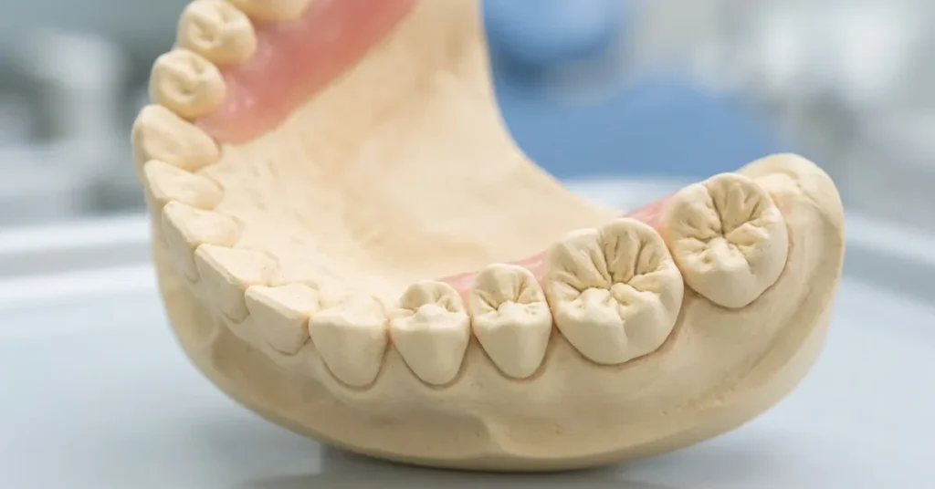 Macro photo of a dental model showing the structural difference between sharp front anterior teeth and flat, grooved back posterior chewing teeth.