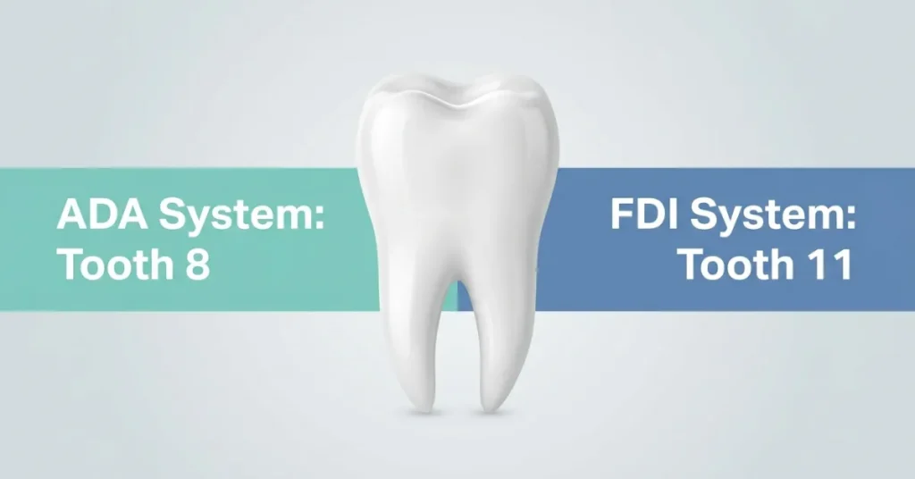 Infographic comparing dental numbering systems, showing how the upper right central incisor is labeled as Tooth 8 in the ADA system and Tooth 11 in the FDI system.