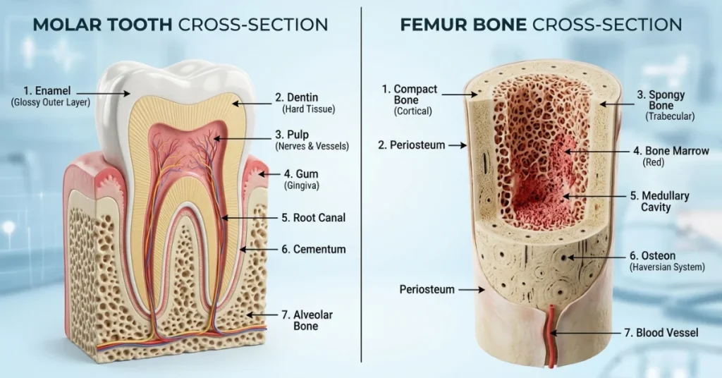 Illustration comparing the enamel layer of a tooth with the cortical layer of a human bone.