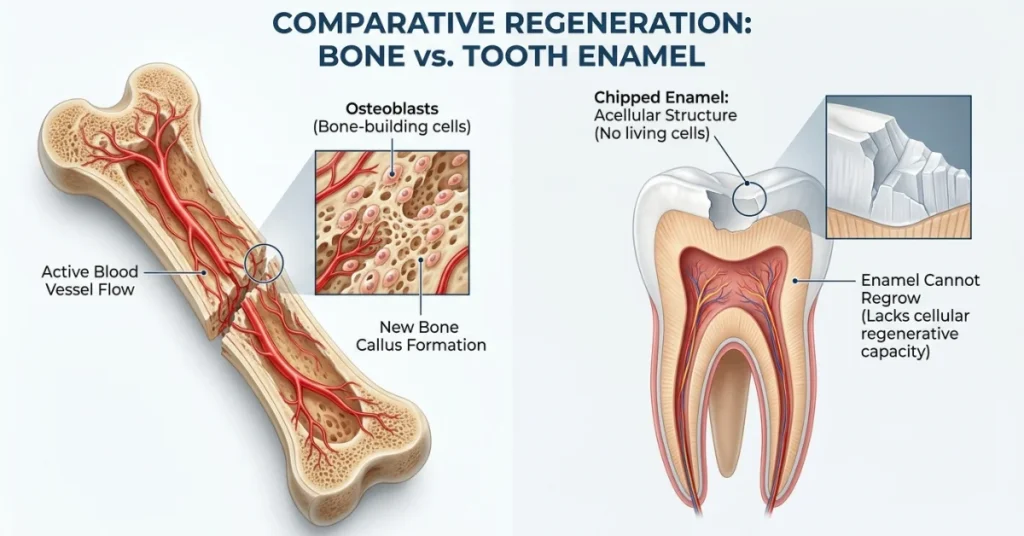 Anatomy diagram showing the key structural differences between human teeth and bones.explaining that are teeth bones