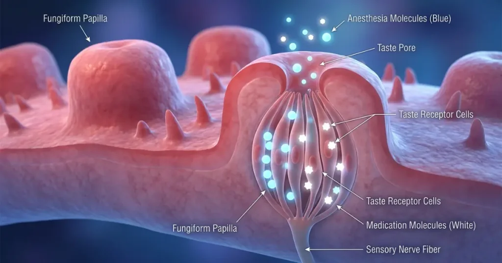 Detailed 3D diagram showing taste receptor cells inside a fungiform papilla interacting with anesthesia and medication molecules.
