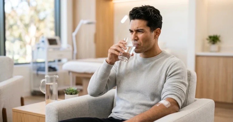 Man drinking a glass of water with a grimace, experiencing a bad taste in his mouth after surgery.