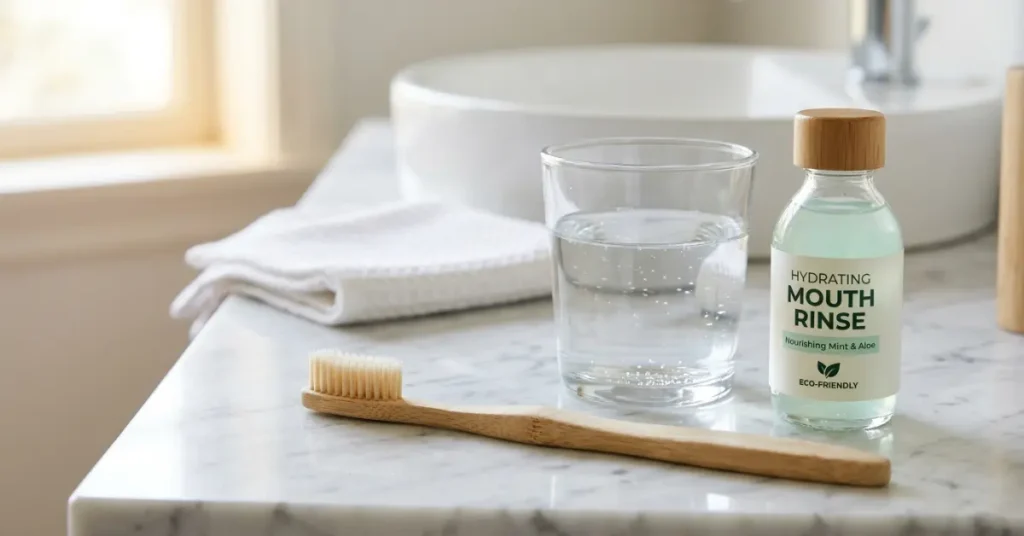Eco-friendly wooden toothbrush, a glass of water, and a bottle of hydrating mint mouth rinse on a bathroom counter.