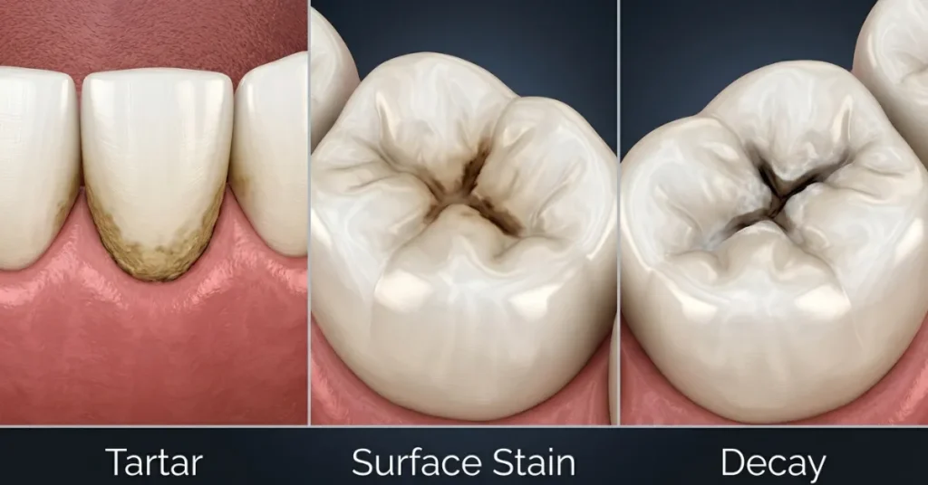 Comparison of tartar, surface stain, and tooth decay causing dark lines on teeth