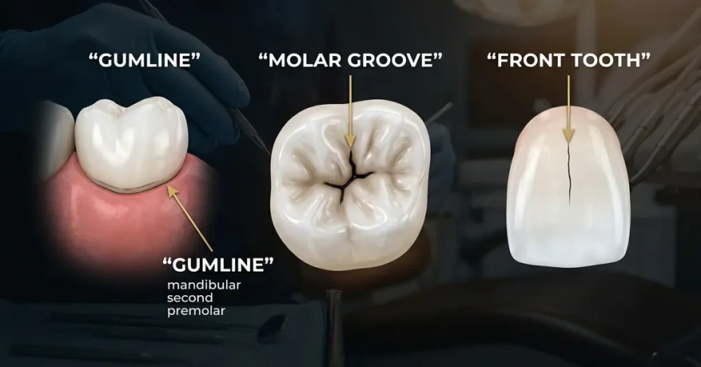 Examples of black lines on teeth at the gumline, molar groove, and front