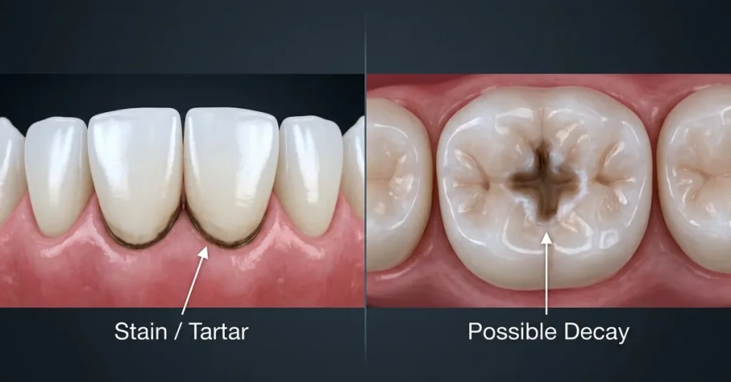 Comparison of a dark tooth stain or tartar line versus possible tooth decay