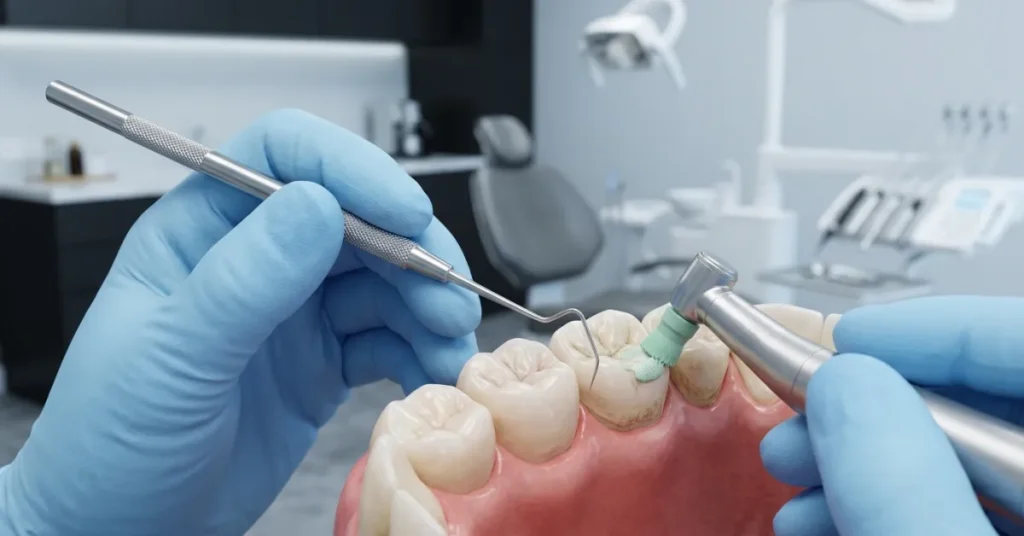 Dentist examining and cleaning a black line on a tooth near the gumline