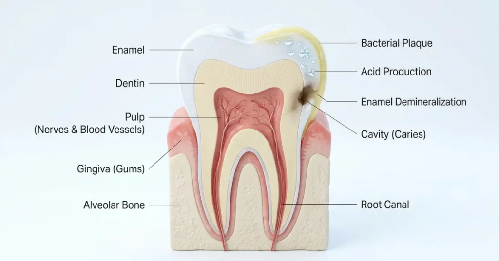 cross-section diagram of a human molar showing bacterial plaque buildup and enamel demineralization leading to a cavity.