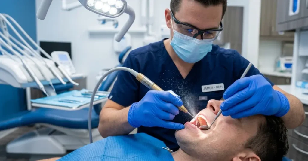 Dental hygienist using an ultrasonic scaler to remove plaque and tartar from a patient's teeth.