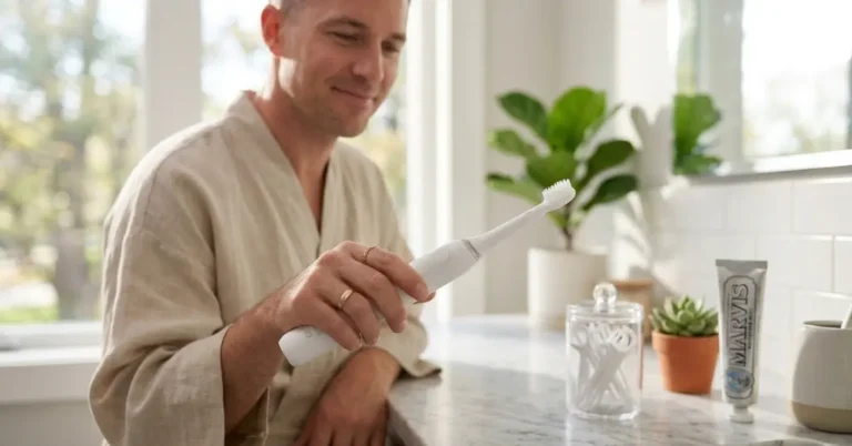 Person holding an electric toothbrush at a sunlit bathroom counter during a morning oral care routine.