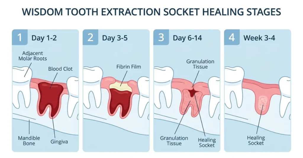 Diagram showing wisdom tooth extraction socket healing stages from blood clot to healed socket