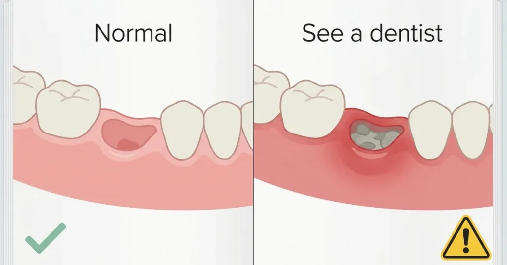 Side-by-side comparison of a normal healing tooth socket versus an infected socket requiring a dentist