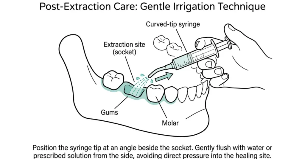 Illustration showing gentle irrigation of a tooth extraction site using a curved-tip syringe