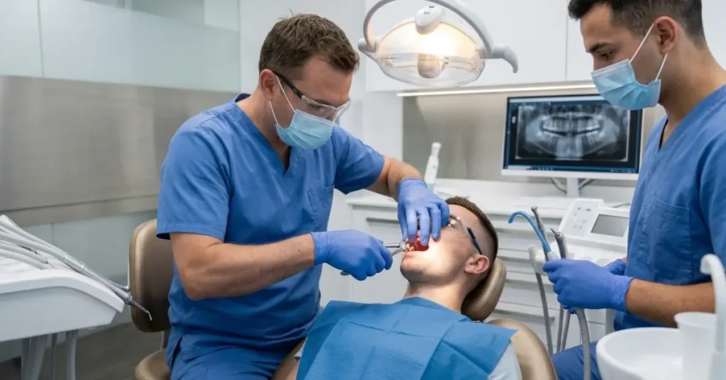 A dentist and dental assistant wearing blue scrubs and protective masks performing a tooth extraction procedure on a patient in a dental chair.