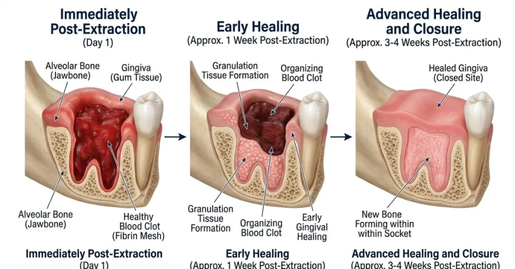 A 3-stage medical diagram illustrating tooth extraction socket healing over time, showing the initial blood clot on Day 1, early granulation tissue at Week 1, and complete gum closure with new bone growth at Weeks 3-4.