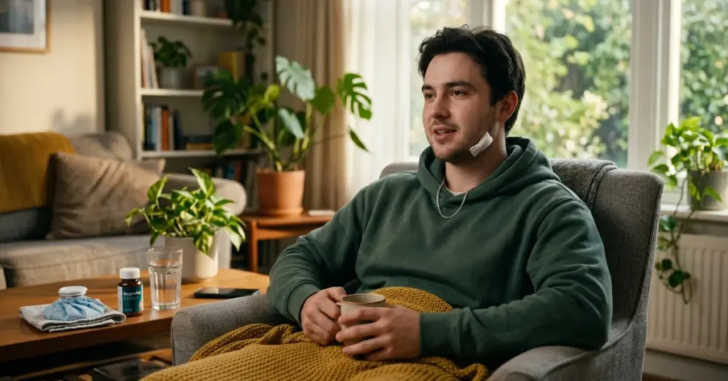 A young man recovering comfortably at home in an armchair with a bandage on his cheek, holding a mug near a coffee table equipped with an ice pack, medication, and a glass of water.Trying to speak after a tooth extraction